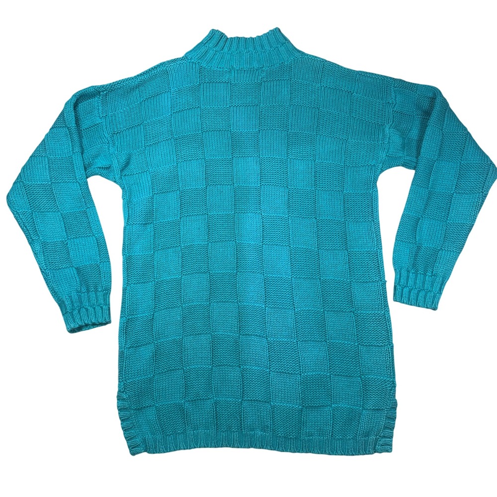 Casual Corner Vintage Checkerboard Knit Sweater Small Women Teal Ramie Cotton